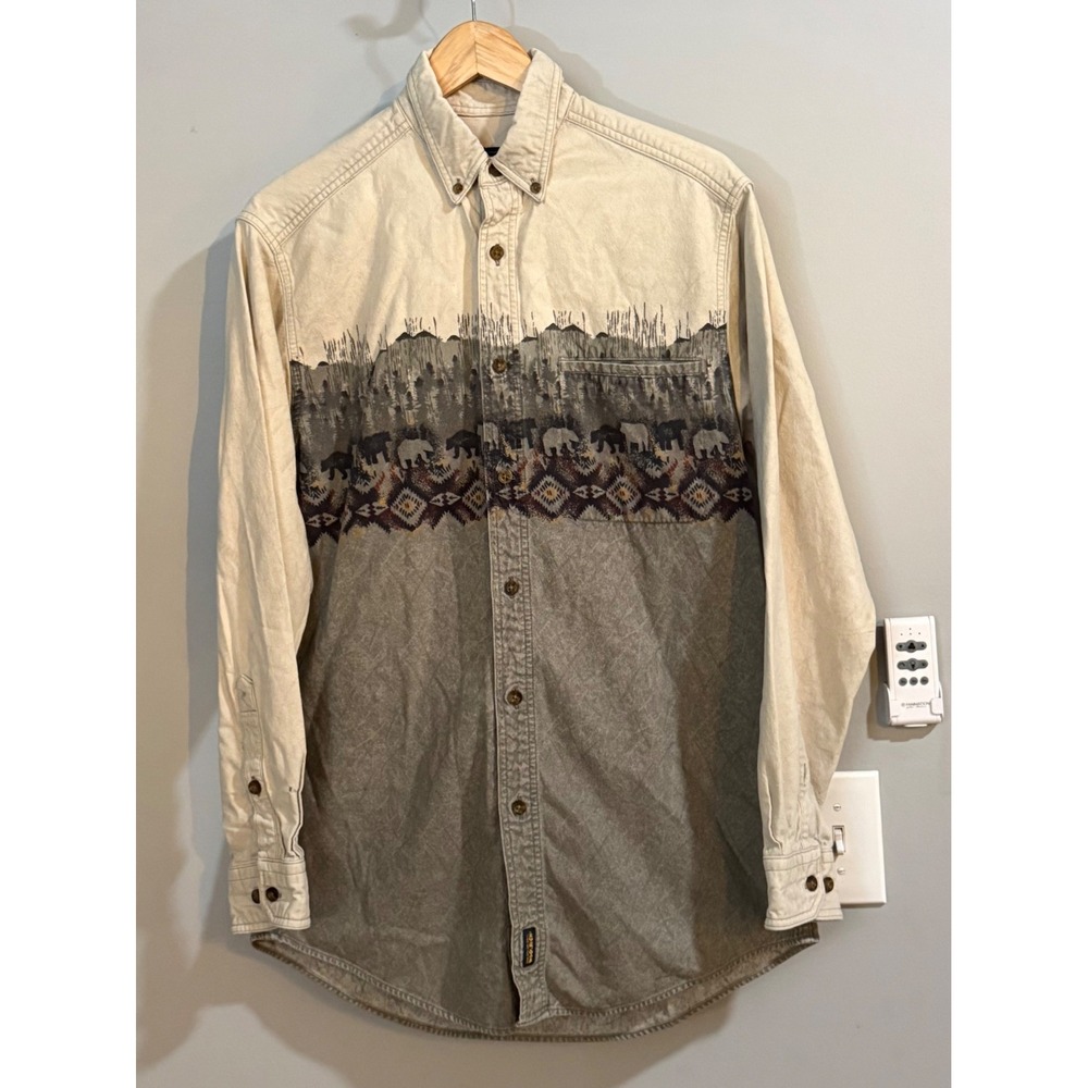 Woolrich Button Down Shirt Mens M Green Cream Bear Mountain Graphic 5690